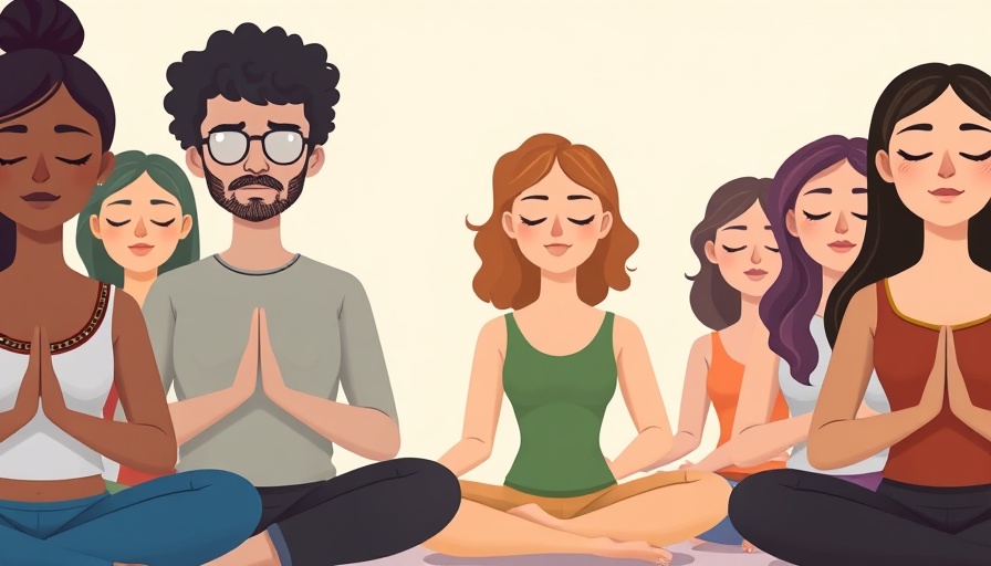 Diverse group practicing mindfulness meditation in cartoon style.
