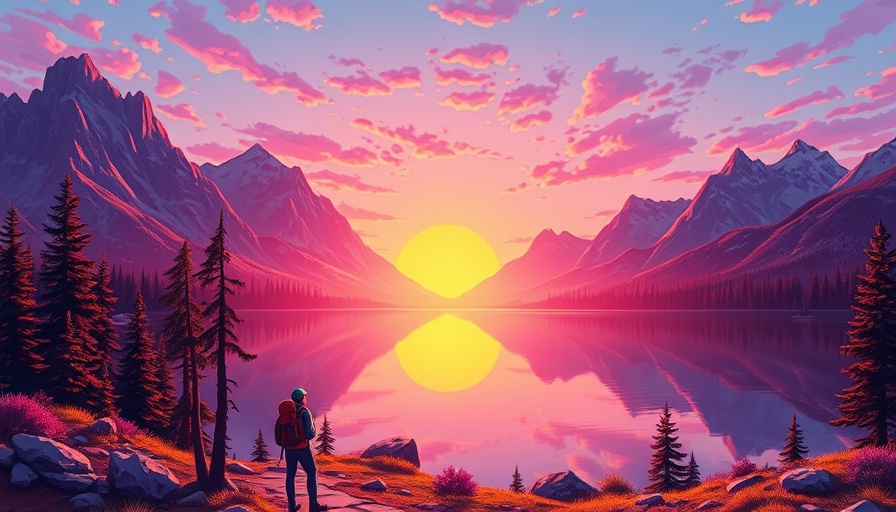 Vibrant landscape featuring a hiker in awe of a mountain sunrise, Awe Journal.