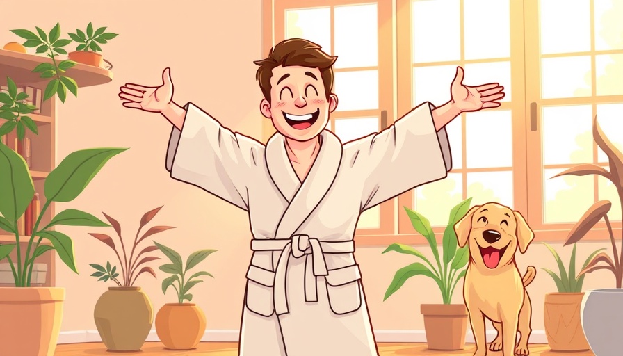 Cheerful cartoon man stretching near a window with a happy dog, qualities to change your life.