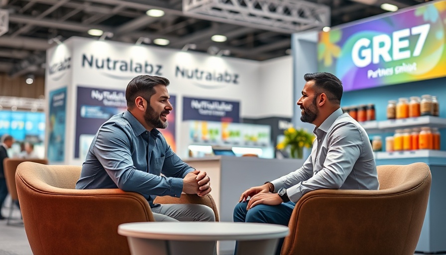 Two men discussing Nutralabz GR8 Partnership at product booth.
