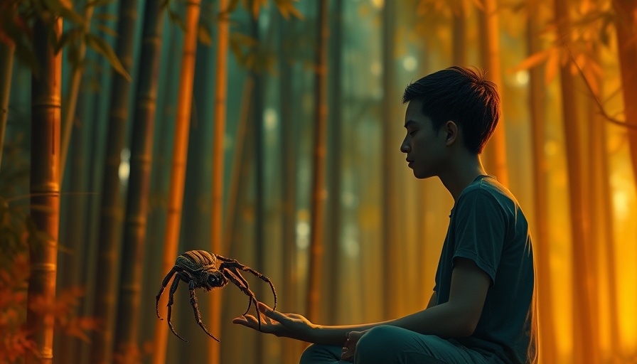 Calm hiker coexists with fear of spider in vibrant illustration.