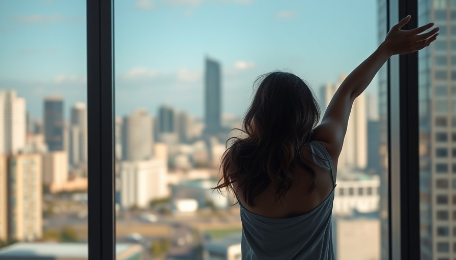 Woman stretching by city window, symbolizing sleep support; Serezin benefits.