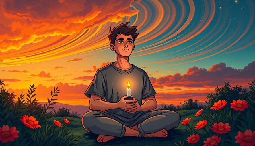 Contemplative young man with candle in serene meditation, cartoon style.