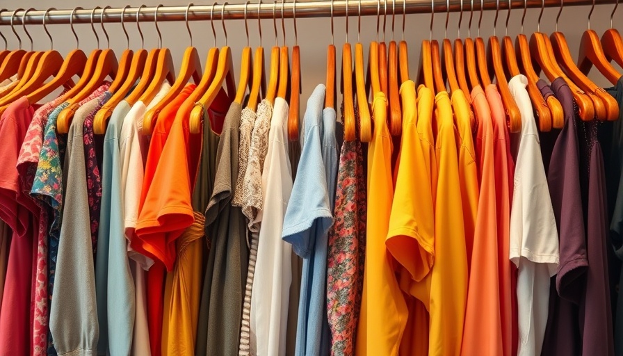 Colorful clothes on wooden hangers in a boutique.