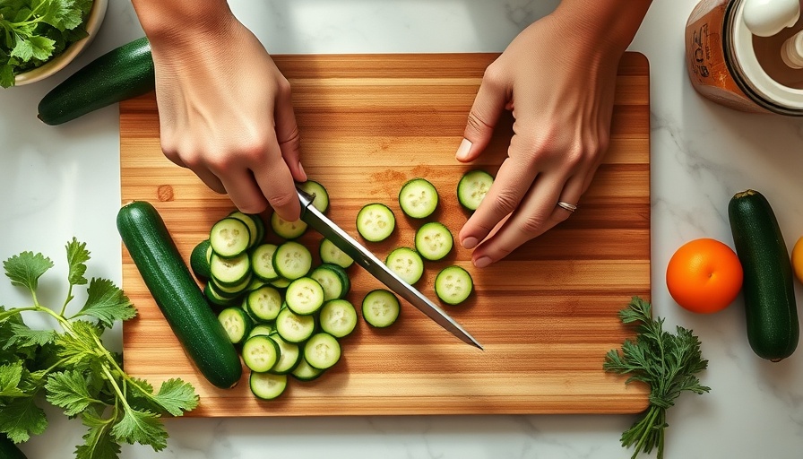 Hands slicing cucumbers with vibrant vegetables on a wooden board.