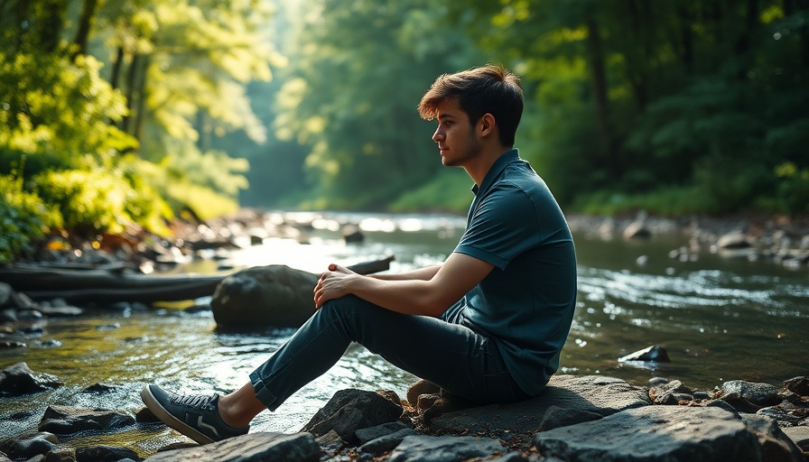 Tranquil scene of a man letting go in nature, sitting by a stream in a forest.