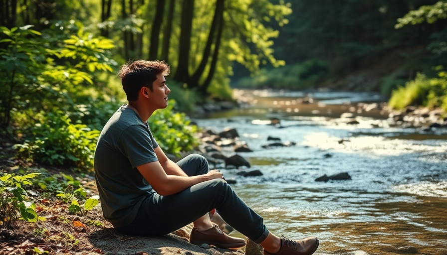 Man relaxes by forest stream, let life flow in sports.
