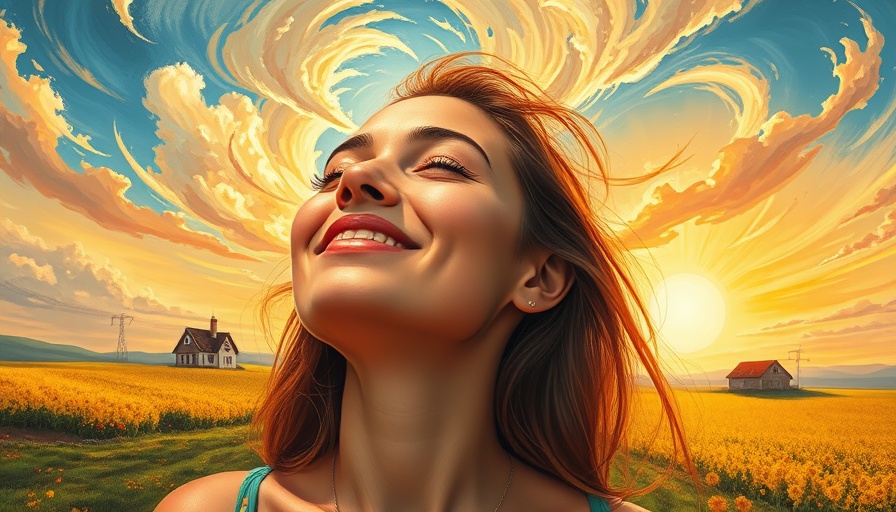 Transforming Trauma into Strength: Woman embraces sunlight in serene countryside.