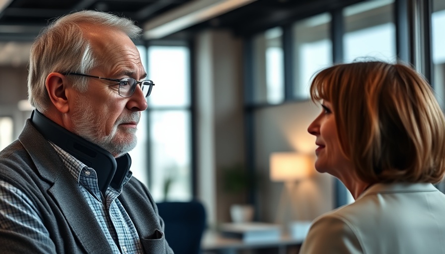 Older man with neck brace consulting professional after car accident