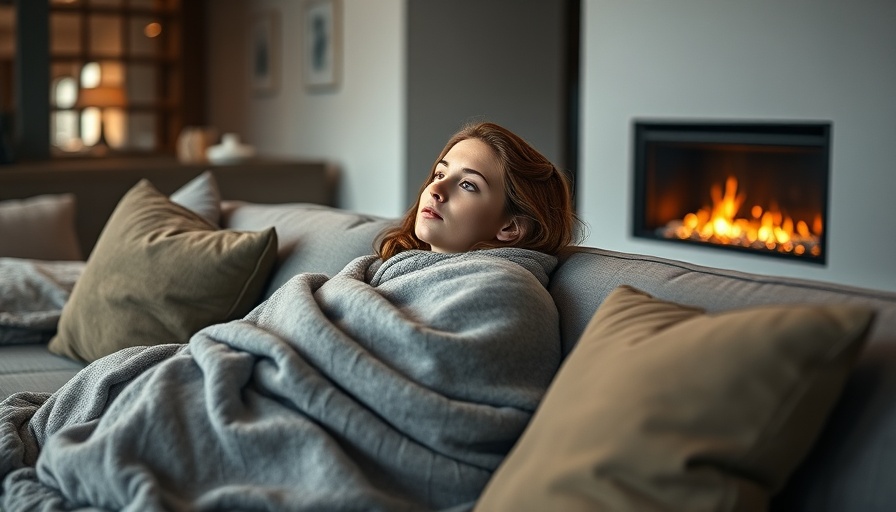 Woman wrapped in blanket on couch for chronic pain relief in modern living room