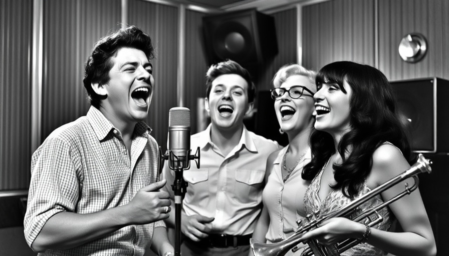 Excited performers singing together, vintage studio photo.