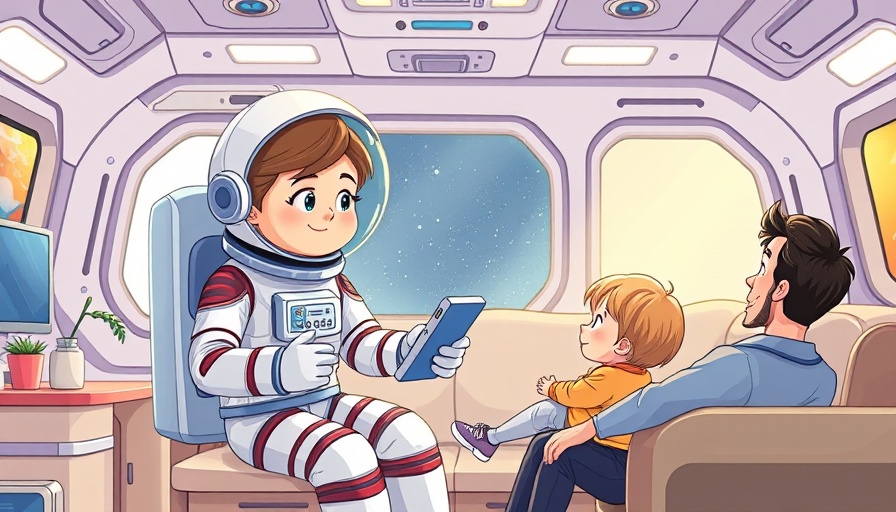 Astronaut mom calls home cartoon showing family video chat from space.