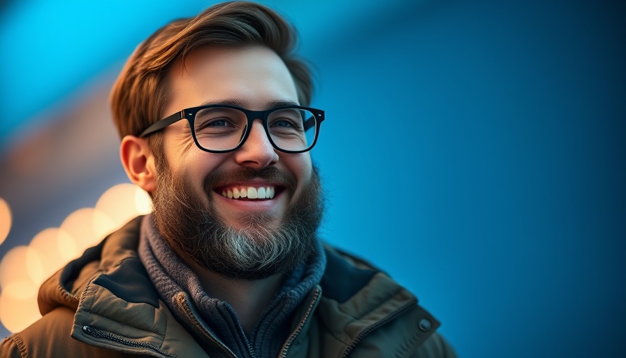 Man in winter jacket smiles against blue background with bokeh lights.