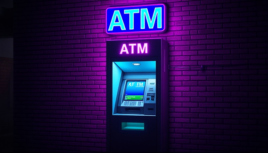 Neon-lit ATM cash machine glowing at night against a brick wall.