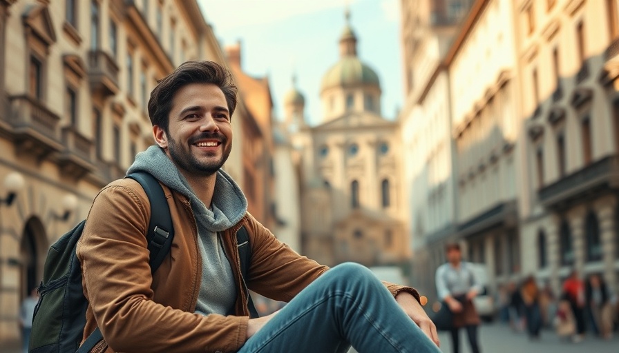 Casual traveler in historic European city exploring on a budget.