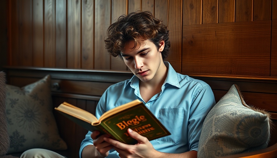 Young man reading a book in a cozy wooden room, warm lighting.