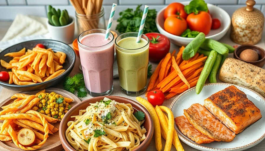 Collage of gluten-free meal prep dishes like pasta and smoothie.