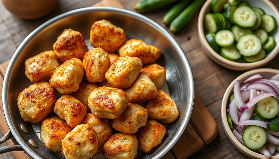 Greek chicken bites sizzling in a stainless pan with sides.