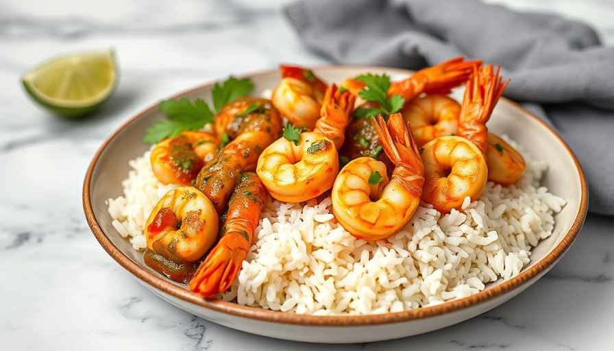 Salsa verde shrimp and rice on a speckled plate with forks.
