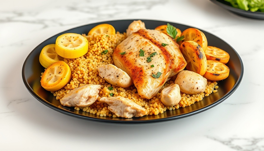 Italian Chicken and Vegetables on black plate with quinoa and zucchini.
