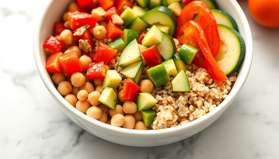 Green Goddess Bowl with chickpeas, avocado, zucchini, red peppers, and quinoa.