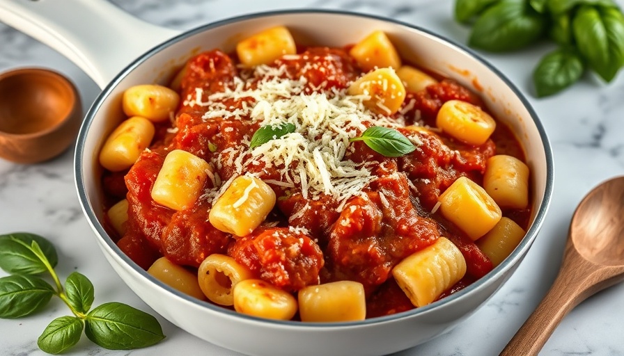 10 minute gnocchi marinara meal in a pan with Parmesan cheese.