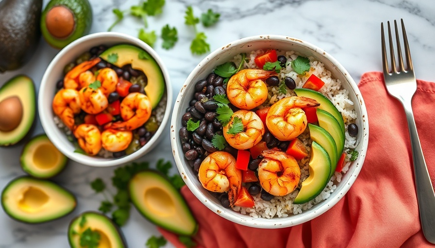 Colorful blackened shrimp bowl with fresh ingredients.
