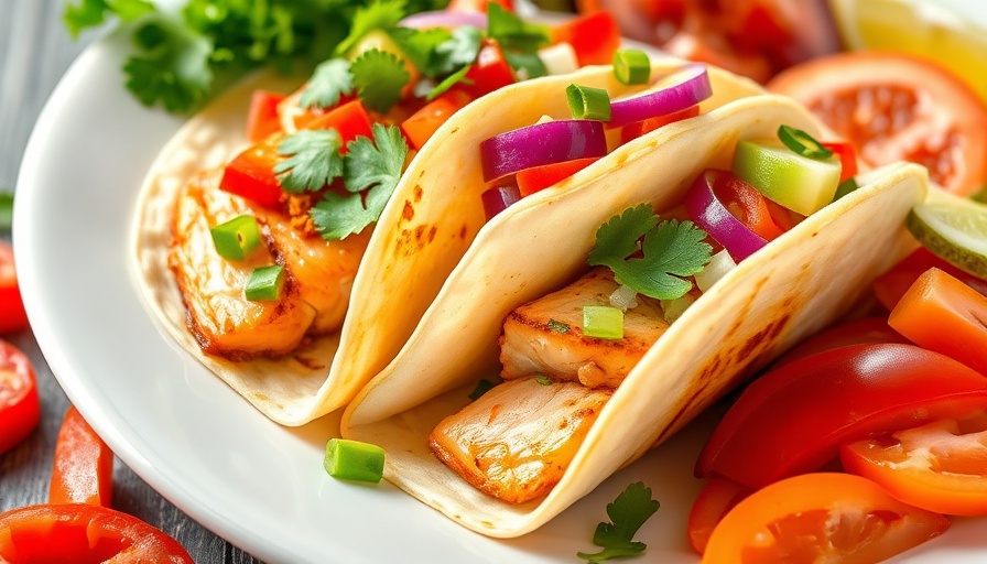 BBQ Salmon Tacos on a white plate with vibrant toppings.