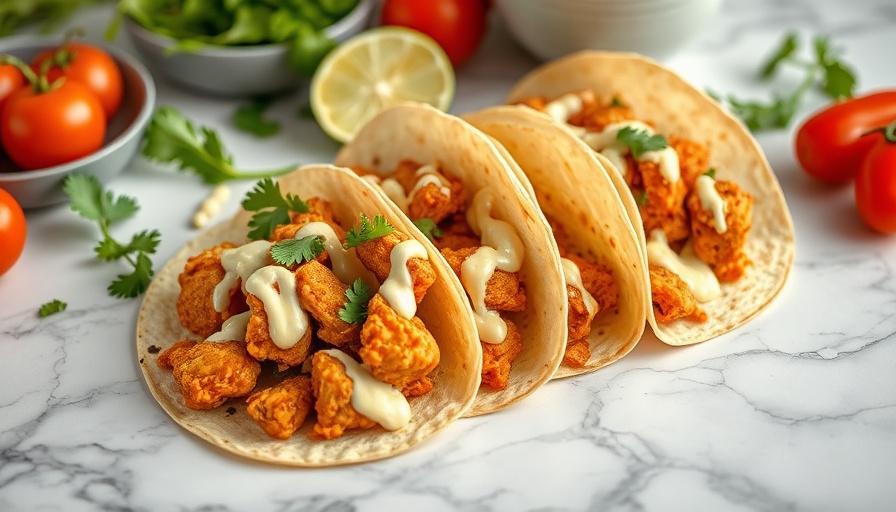 Quick Buffalo Chicken Tacos on marble countertop, topped with sauce.