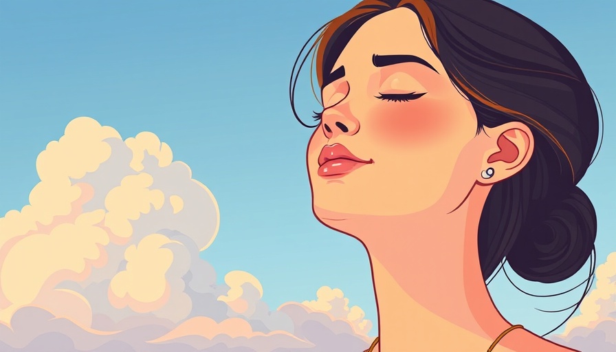 Serene woman managing anxiety in sobriety with closed eyes under cloudy sky.