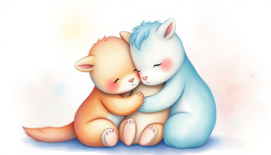 Artistic creatures embracing in soft pastel hues, healing through reparenting.