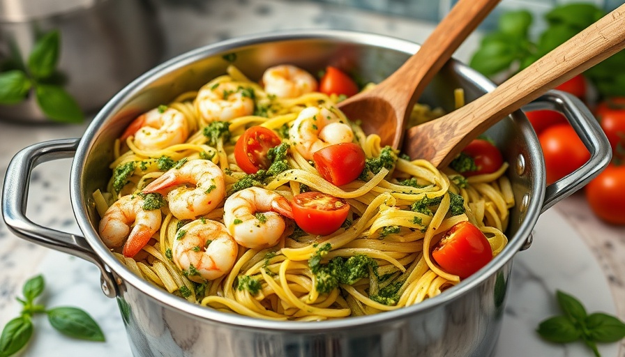 Pesto shrimp orzo recipe in a pot with tomatoes.