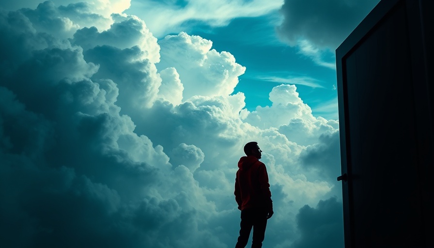 Surreal image of a person contemplating a door in a cloudy sky, evoking questions to ask before trying something new.