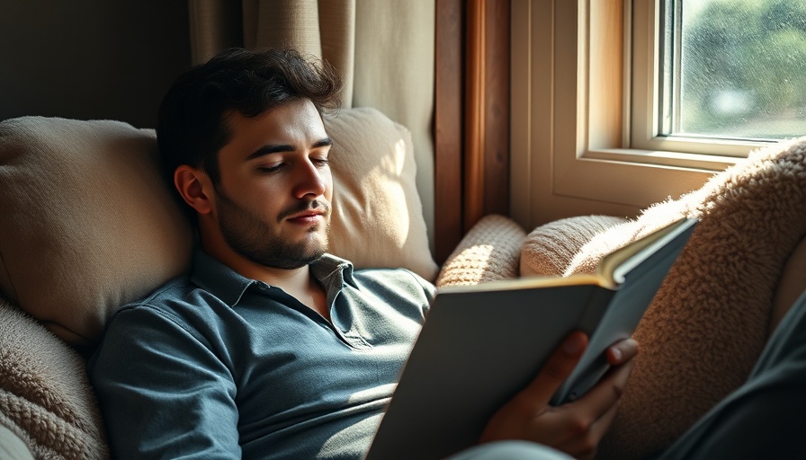 Relaxed young man reading travel journal in cozy interior.