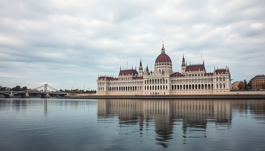 Scenic view of Budapest Parliament along the river with a cloudy sky.