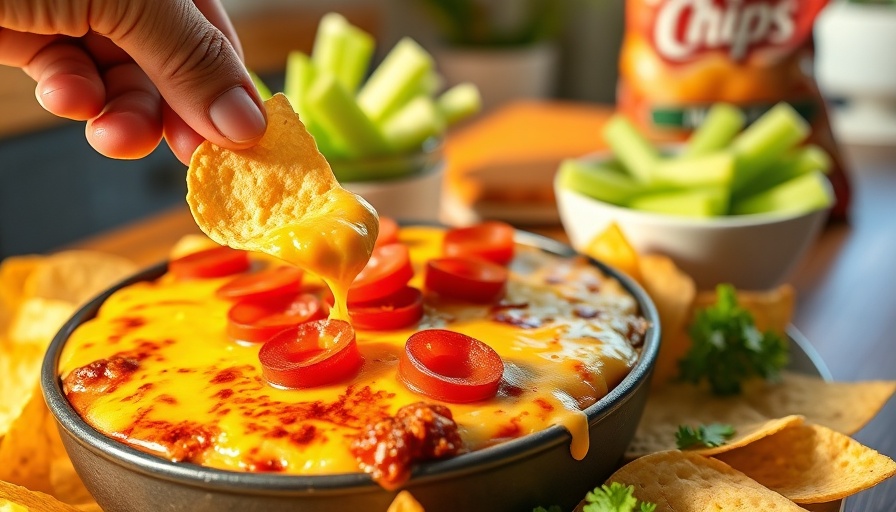High protein nacho cheese dip recipe with chip and pepperoni.