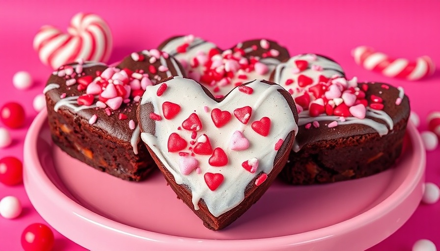 Heart-shaped chocolate brownies for Valentine's Day with colorful sprinkles.