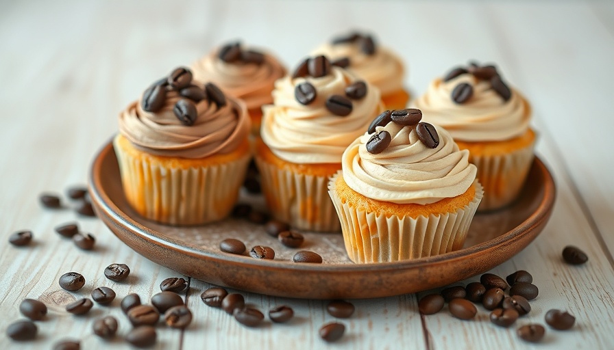 Quest Mocha Iced Coffee Cupcakes on a rustic plate with frosting.