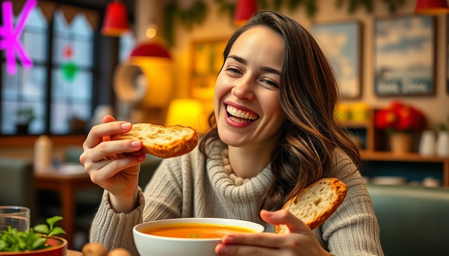 Cheerful woman at soup night gatherings amidst colorful decor.