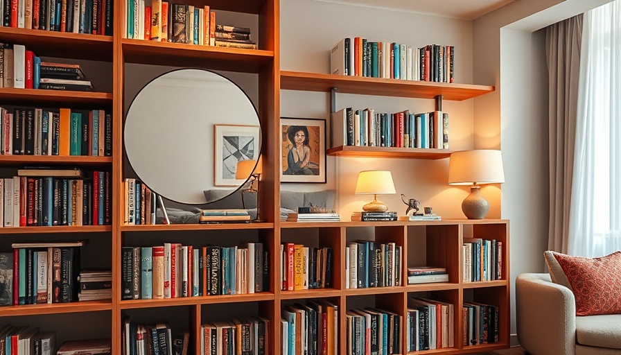 Stylish wooden bookshelf in a cozy room reflecting a bed.