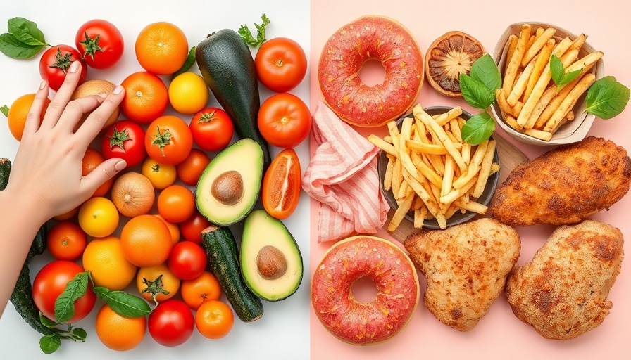 Stop tracking macros: healthy vs unhealthy food choices with hand reaching.