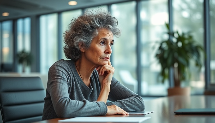Older woman contemplating menopause and mental health in office setting.