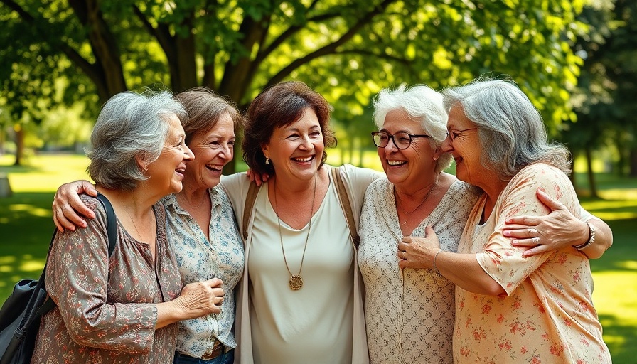 Mature women smiling together outdoors, menopause support community.