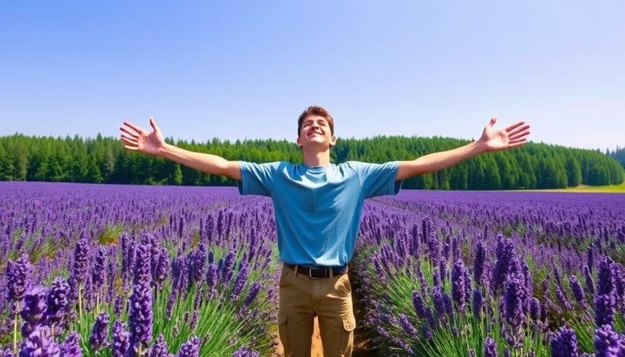 Young man enjoying a lavender field, embracing nature under a clear sky.