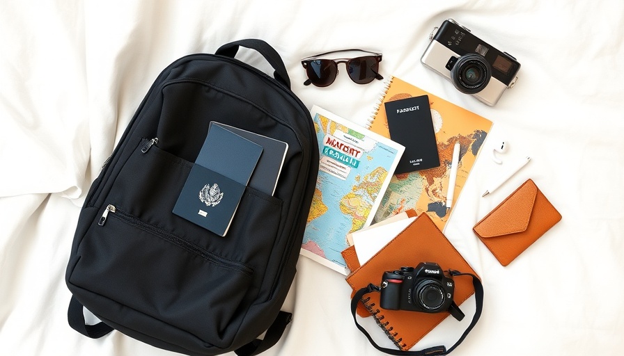 Travel essentials for packing light, featuring a passport and guidebook.