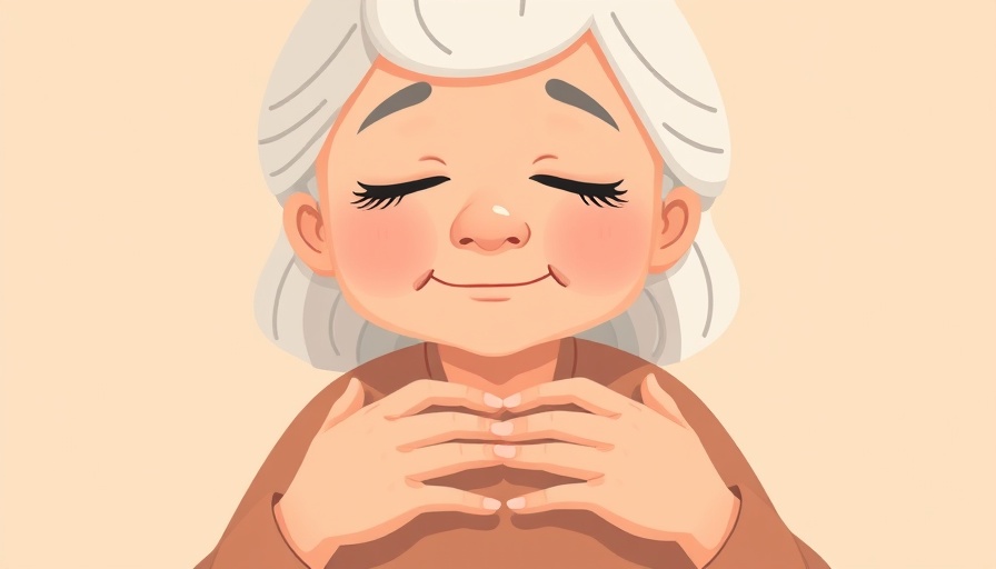 Older woman embracing self-love with heart symbol, cartoon style.