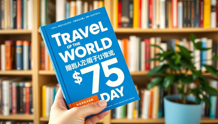 Travel book titled 'How to Travel the World on $75 a Day' held in front of a bookshelf.