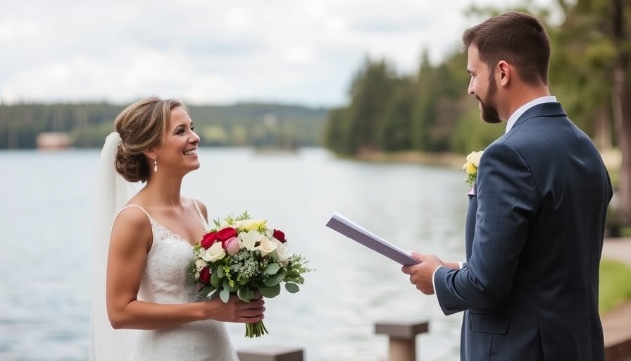 Joyful couple celebrating at a low-key lakeside wedding.
