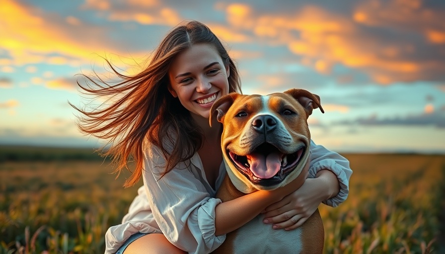 Dogs as a source of healing: Woman affectionately embracing a smiling pit bull in a field.
