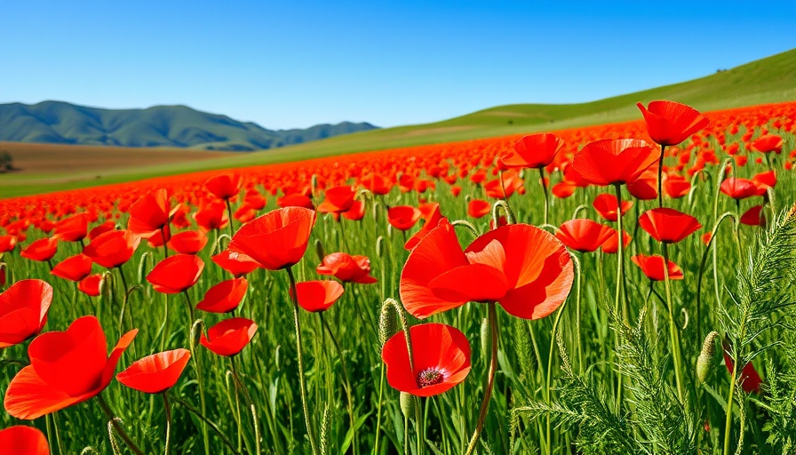 Field of red poppies under clear skies, healthy lifestyle weekend activity.
